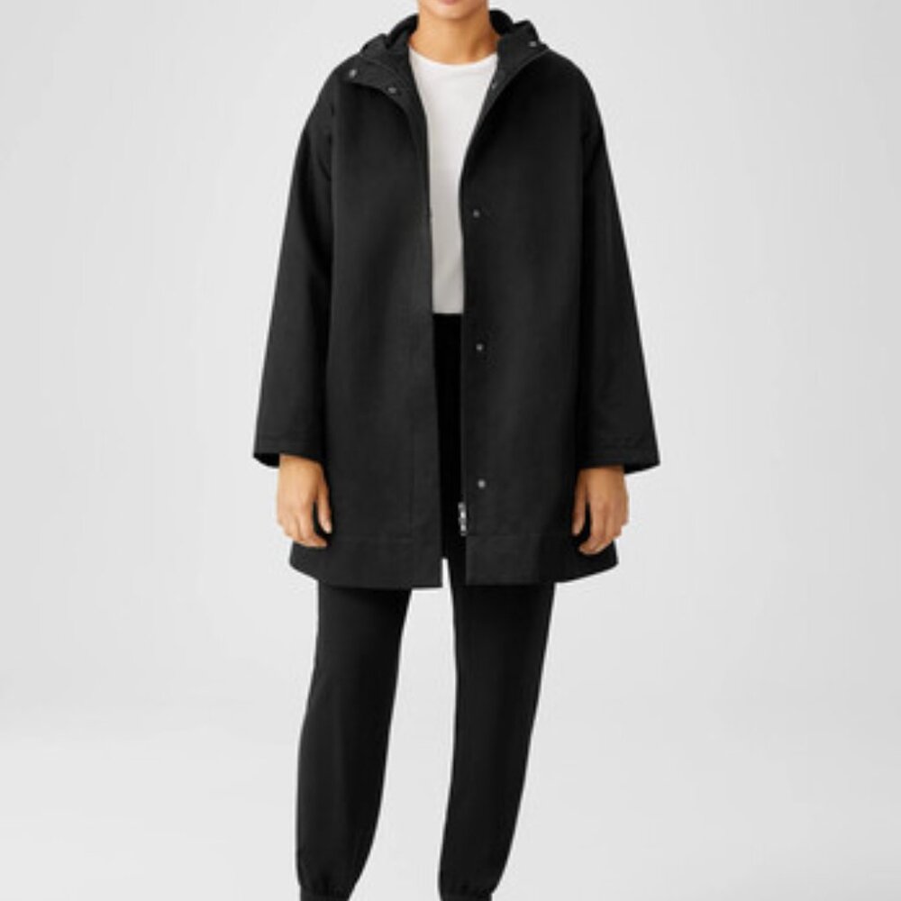 Eileen Fisher Organic Cotton Nylon Hooded Long Jacket, PS Black